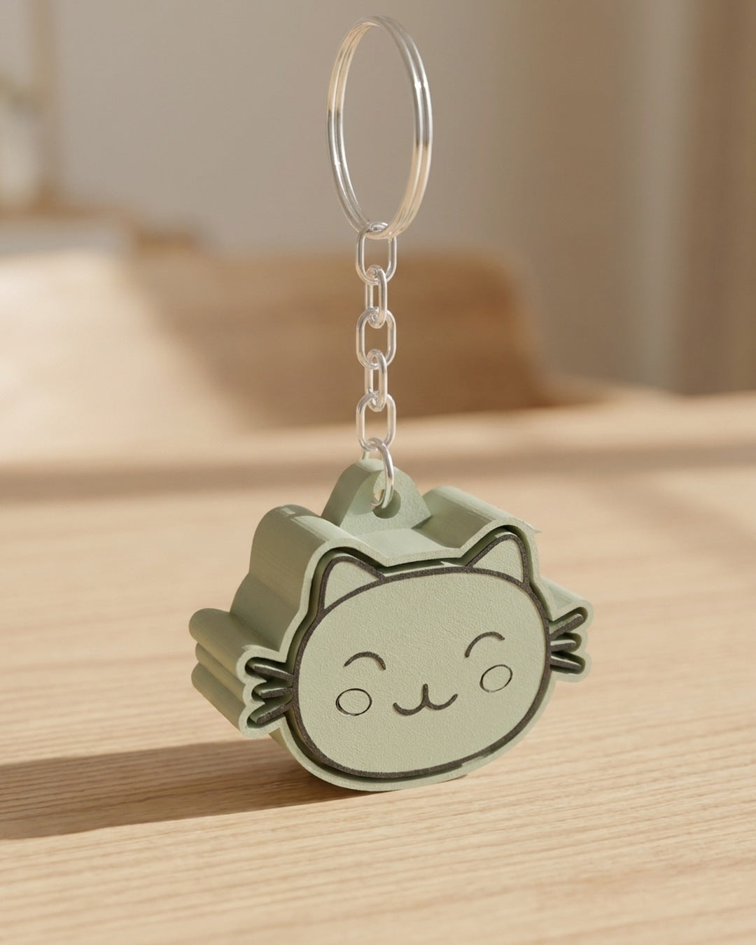 Cat Clicker Keychain on a silver chain keyring