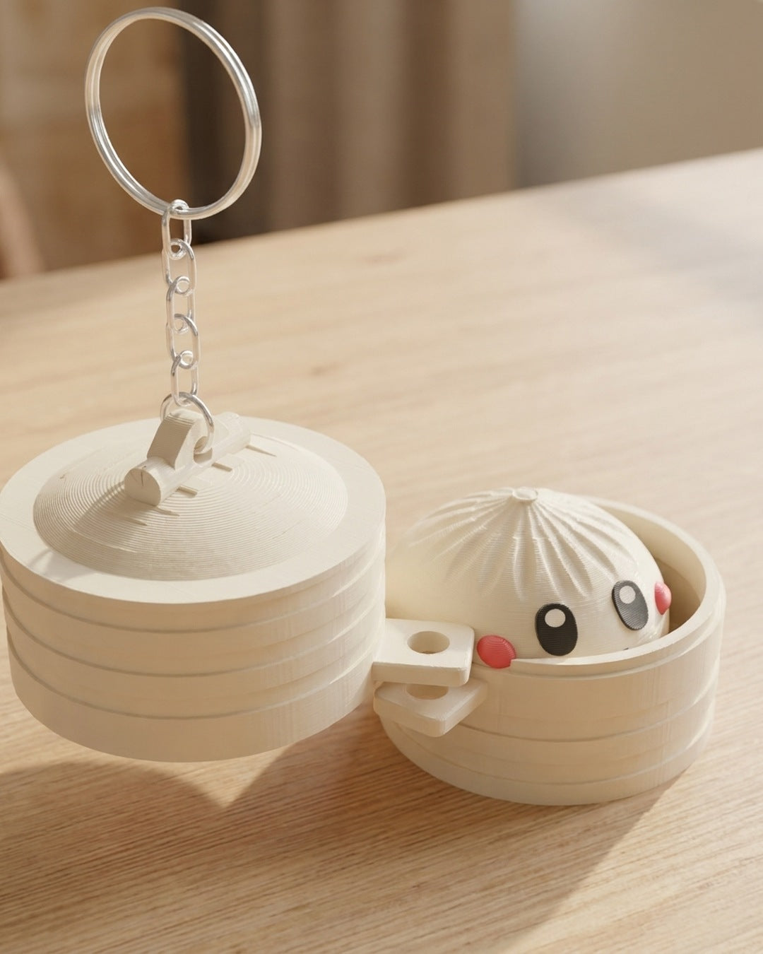 Dumpling Clicker Keychain on a silver chain keyring