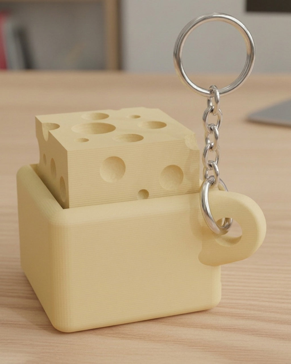 Cheese Clicker Keychain on a silver chain keyring