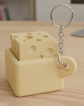 Cheese Clicker Keychain on a silver chain keyring