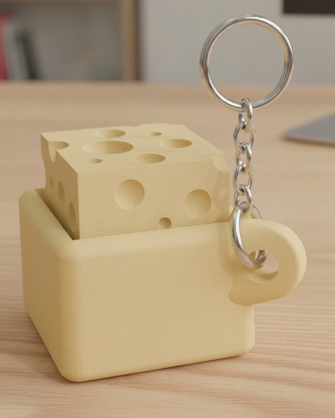 Cheese Clicker Keychain on a silver chain keyring